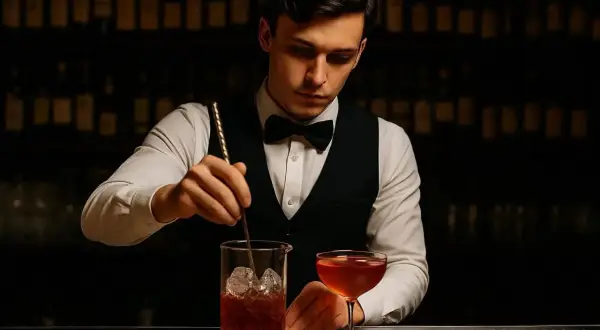Barman w eleganckim stroju miesza drinka z lodem w szklance, obok stoi gotowy koktajl.