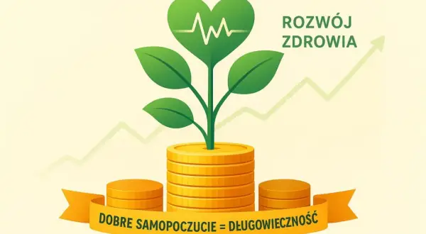 Zielona roślina z sercem i EKG wyrasta ze stosu monet. Napis "Rozwój zdrowia".