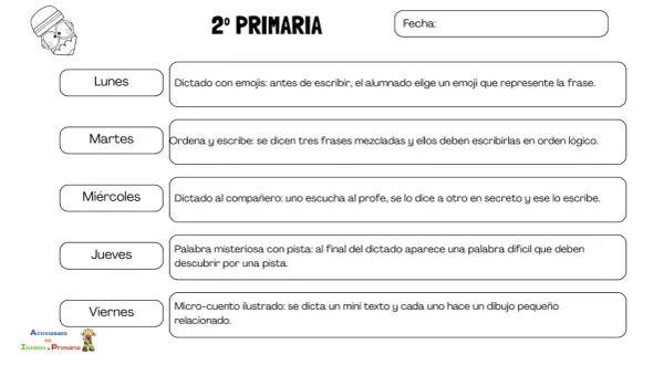 Planificador semanal de actividades para 2º Primaria, incluyendo dictados largos y otras tareas de escritura y comprensión.