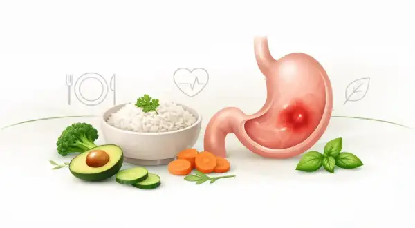 Zdrowa dieta to klucz do dobrego samopoczucia. Na obrazie widać żołądek, ryż, warzywa i zioła, symbolizujące zdrowe odżywianie i przestrzeganie diety.