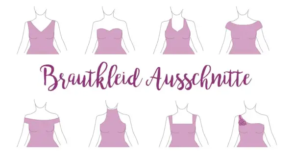 Illustrationen verschiedener Brautkleid Ausschnitte: V-Ausschnitt, Herz, Neckholder, schulterfrei, hochgeschlossen, Karree und asymmetrisch.
