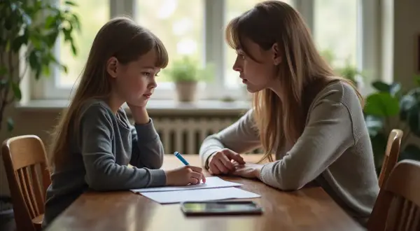 Kobieta i dziecko siedzą przy stole, dziecko pisze, kobieta patrzy na nie.