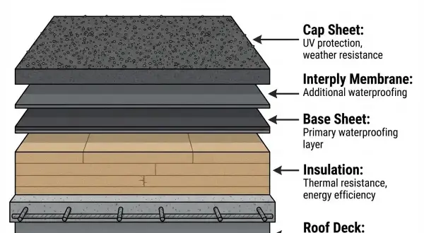 Cross-section of a 3-ply modified bitumen commercial roof system, detailing layers from roof deck to cap sheet for weather resistance and insulation.