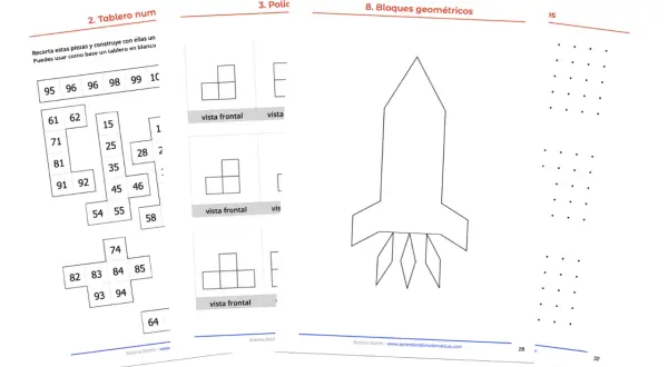 Tablero con números y dibujos para construir. Incluye piezas con números, vistas frontales de bloques y un cohete. Ideal para actividades de **dibujos con números**.