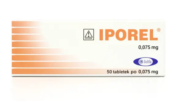 Opakowanie leku Iporel 0,075 mg, zawiera 50 tabletek. Znak ostrzegawczy "Zalecany" i logo Jelfa.