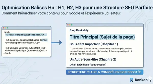 Exemple de code html montrant l'utilisation des balises Hn (H1, H2, H3) pour structurer un contenu de blog, optimisant ainsi le SEO.