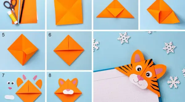 Tutorial per lavoretti per migliori amiche facili: crea un segnalibro tigre con origami. Passaggi 1-8 mostrano come piegare la carta e aggiungere i dettagli.