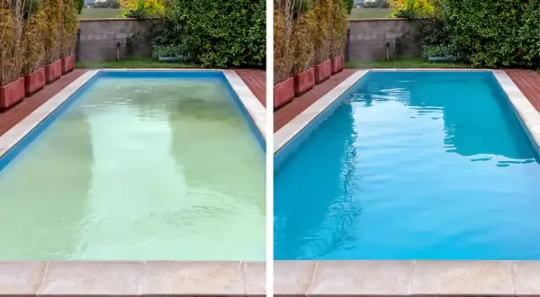 Comparativa de reforma piscina antes y después: agua verde y turbia transformada en un azul cristalino y refrescante.