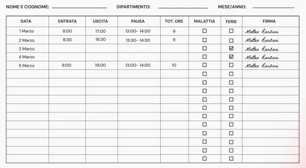 Scheda mensile ore di lavoro con date, orari di entrata/uscita, pause, ore totali, caselle per malattia/ferie e firma.