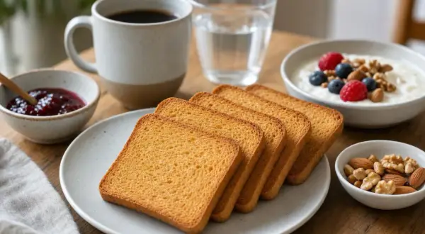 Fette biscottate dorate su un piatto, accompagnate da caffè, marmellata, yogurt con frutti di bosco e frutta secca.