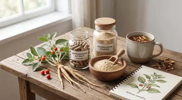 Ashwagandha na co? Frische Pflanze, Kapseln, Pulver und Tee auf Holztisch. Notizbuch zeigt Withania somnifera.