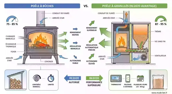 Comparaison d'un poêle à bûches et d'un poêle à granulés, mettant en avant l'efficacité et l'autonomie du poêle à granulés, une alternative moderne au poêle à bûches.