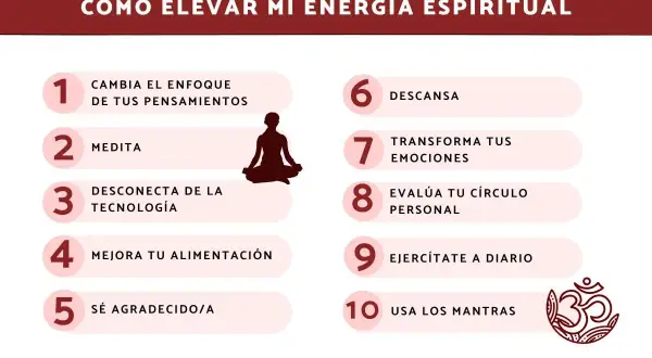 Guía para elevar tu energía espiritual: medita, agradece, descansa y mejora tu alimentación para un mayor nivel de conciencia.