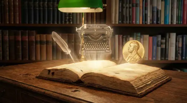 Otwarta księga, pióro, maszyna do pisania i medal Nobla na tle biblioteczki.
