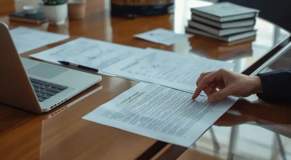 Dłoń pracownika wskazuje na dokument, analizując obowiązki pracodawcy. Obok laptop i stos książek.
