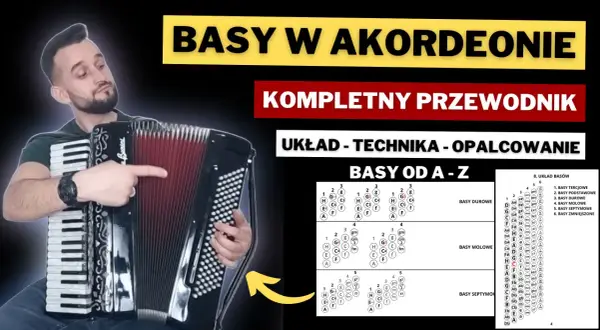 Akordeonista pokazuje układ basów w akordeonie, wyjaśniając różne rodzaje basów, np. basy durowe, molowe i septymowe.
