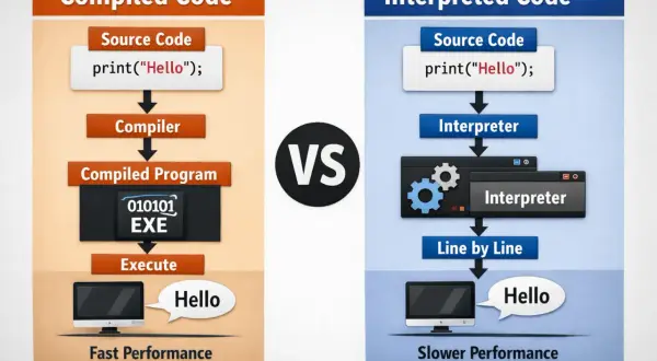 Comparaison entre code compilé et code interprété. Le langage interprété exécute le code ligne par ligne, offrant une flexibilité accrue.