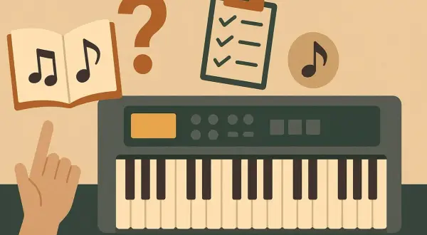 Ręka wskazuje na nuty w książce obok instrumentów klawiszowych. Czy to początek nauki gry?