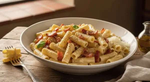Un piatto di pasta alla gricia fumante, con guanciale croccante e pecorino, pronto per essere gustato.