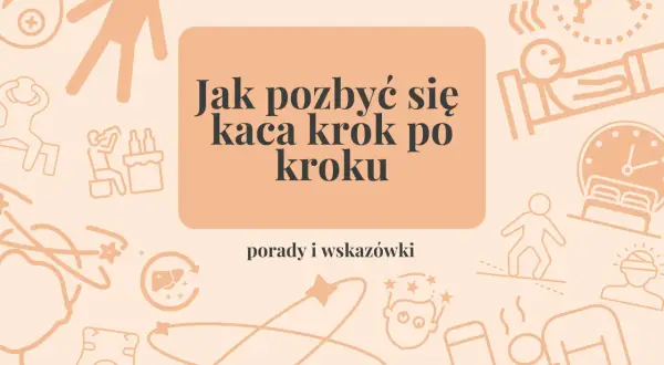 Jak pozbyć się kaca krok po kroku – porady i wskazówki. Grafika przedstawia ilustracje związane z objawami kaca i sposobami, co pomaga na kaca.