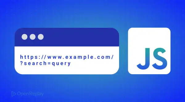 Une fenêtre de navigateur affiche une URL avec un paramètre de recherche, à côté du logo JavaScript.