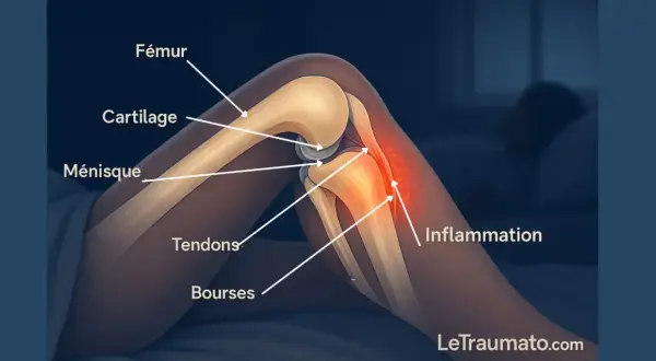 Anatomie du genou montrant l'inflammation interne, le cartilage, le ménisque et les tendons. Aide à comprendre comment soigner douleur genou interne.