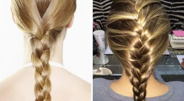 Due splendide trecce alla francese, una bionda su sfondo bianco e l'altra castana con riflessi dorati, mostrano la loro eleganza.