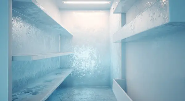 L'intérieur d'un frigo qui givre, avec des étagères couvertes de glace et une lumière froide.