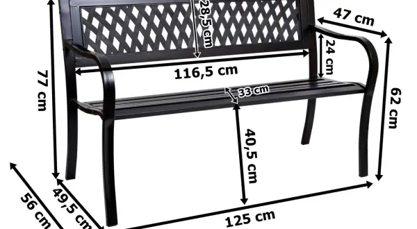 Czarna ławka ogrodowa z wymiarami: wysokość 77 cm, długość 116,5 cm, szerokość 49,5 cm.