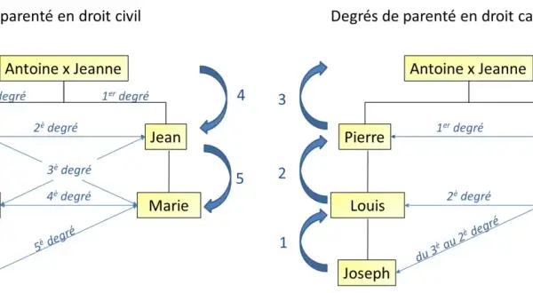 Schémas comparant les degrés de parenté en droit civil et canonique, illustrant les liens au sein d'un noyau familial.