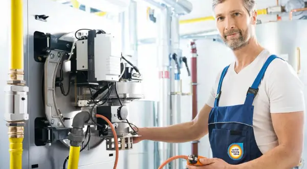 Fachmann prüft Gasleitung, verlegt sie nach Vorschriften der TRGI. Gelbe Gasleitung und Heizungsanlage im Fokus.