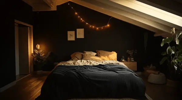 Gemütliches Schlafzimmer dunkel streichen: Dunkle Wände, Lichterkette, Pflanzen und ein einladendes Bett schaffen eine Oase der Ruhe.