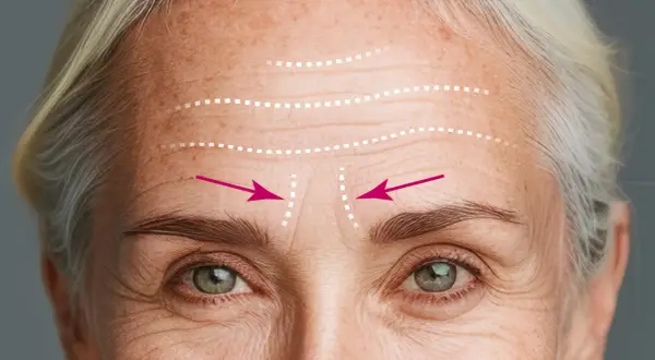 Primo piano del volto di una donna anziana con evidenti rughe sulla fronte, evidenziate da linee tratteggiate bianche e frecce rosa.