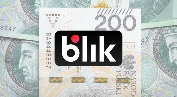Logo Blik na tle banknotów 200 zł. Szybki i anonimowy przelew blik.