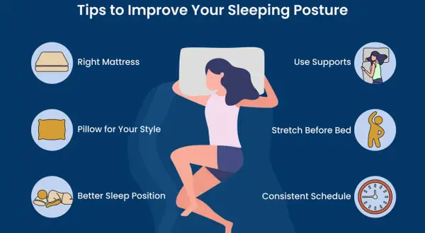 Tips to improve your sleeping posture: right mattress, pillow, supports, stretching, better sleep position, and consistent schedule.