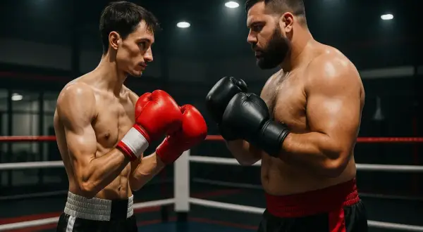 Two boxers face off in a ring. One is lean with red gloves, the other a super heavyweight with black gloves, ready for a powerful bout.