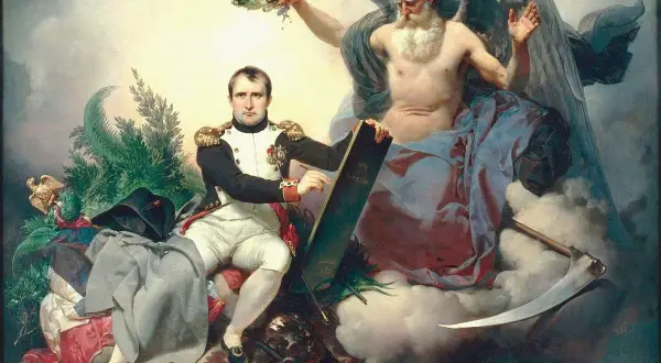 Napoleon siedzi obok skrzydlatego boga, trzymając księgę z napisem "Kodeks Napoleona".
