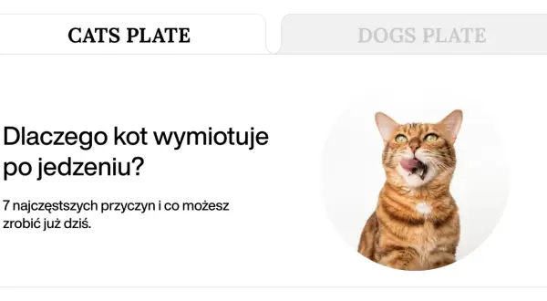 Brązowy kot z zielonymi oczami oblizuje pysk na białym tle.