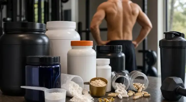 Varietà di integratori durante allenamento: barattoli di proteine in polvere, capsule e pillole, con un uomo muscoloso sullo sfondo.