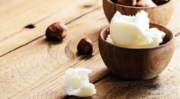 Was ist Shea Butter? Cremige, weiße Shea Butter in Holzschalen, dane Nüsse. Natürliche Pflege für die Haut.