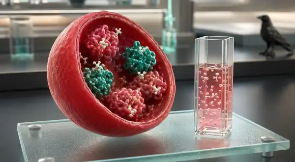 Hba1c co to za badanie? Czerwona krwinka z cząsteczkami hemoglobiny i glukozy, obok probówki z różowym płynem.