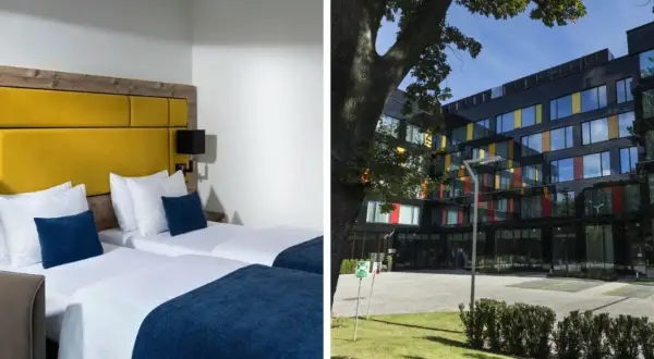 Przytulne pokoje hotelowe z żółtym zagłówkiem i nowoczesny budynek hotelu z kolorowymi oknami.