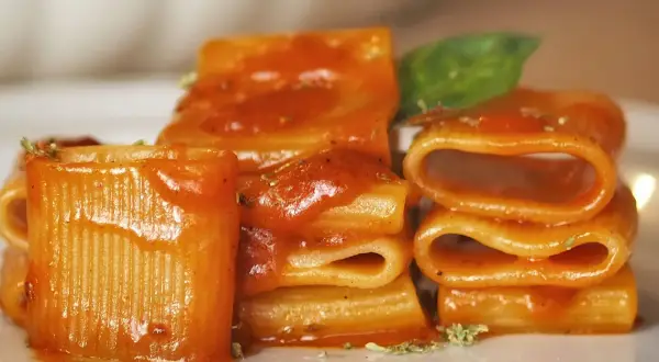 Piatto di pasta allo scarpariello, con rigatoni conditi da un sugo rosso e guarniti con basilico fresco.