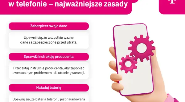Przywracanie ustawień fabrycznych telefonu: zabezpiecz dane, sprawdź instrukcje, naładuj baterię. Ikony kół zębatych na ekranie smartfona.