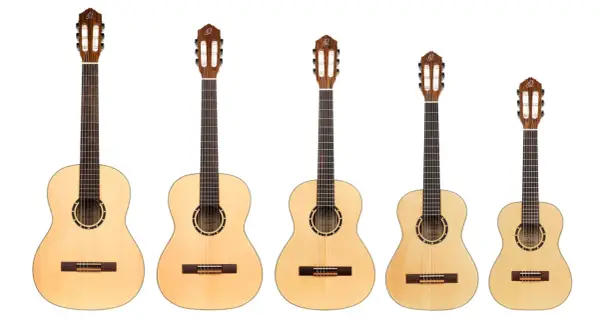 Rząd pięciu gitar klasycznych o różnej wielkości, od największej do najmniejszej. Gitara 3/4 dla kogo? Idealna dla młodego muzyka.