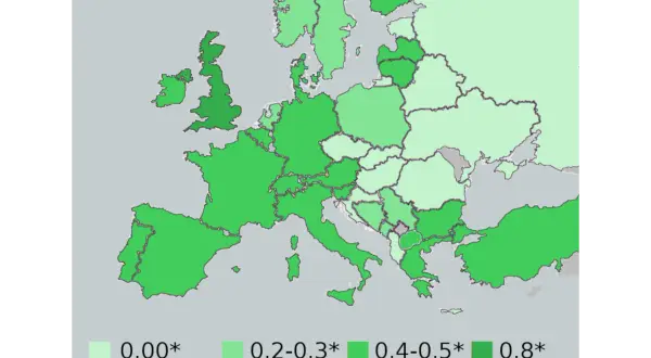 Mapa Europy z zaznaczonymi dopuszczalnymi limitami alkoholu we krwi. Różne odcienie zieleni pokazują kraje z różnymi dopuszczalnymi stężeniami promila.