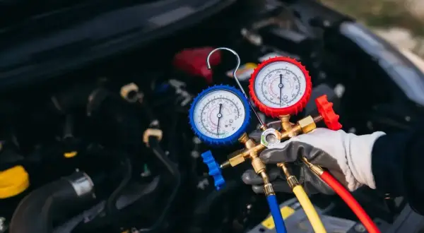Mechanik sprawdza ciśnienie w układzie klimatyzacji, aby określić koszt nabicia.