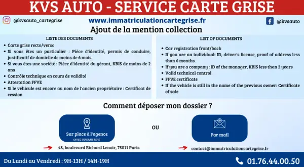 KVS Auto, spécialiste des cartes grises, vous aide pour l'ajout de la mention collection sur votre voiture de collection age. Documents requis et démarches expliqués.