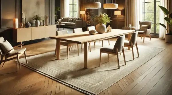 En ljus matta under matbordet ger en varm och inbjudande känsla. Perfekt matta under matbord inspiration för ett modernt hem.
