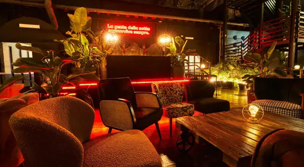 L'anima della birreria: poltrone accoglienti, piante rigogliose e luci al neon rosse creano un'atmosfera vibrante per la notte.